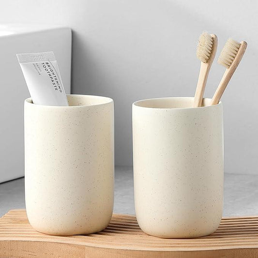 BSDISP Beige Toothbrush Holders for Bathrooms - 2 Cups Ceramic Toothbrush Toothpaste Holders Set, Beige Bathroom Tumbler Cups Reusable Toothbrush Mouthwash Cup, Bathroom Counter Organizer - ModernBath