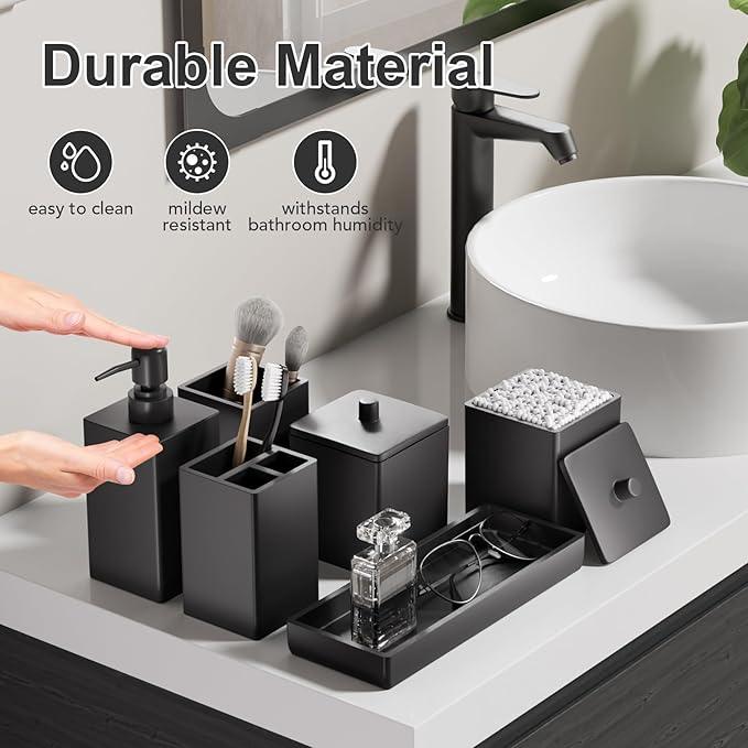 Black Bathroom Accessories Set Resin 6PCS, Square Toothbrush Holders Set Complete with Soap Dispenser, Vanity Tray, Tumbler, Cups and Cotton Swab Jars for Counter, Sink or Small Spaces - ModernBath