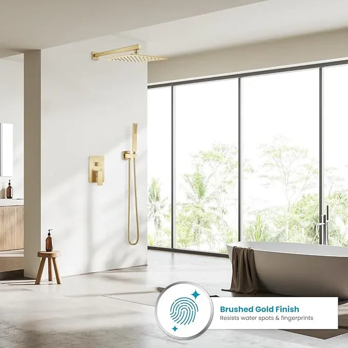 gotonovo Rainfall Bathroom Shower System Rain Shower Head and Handle Set Wall Mounted Shower Complete Combo Solid Brass Pressure Balancing Shower Mixer Valve 12 Inch Brushed Gold - ModernBath