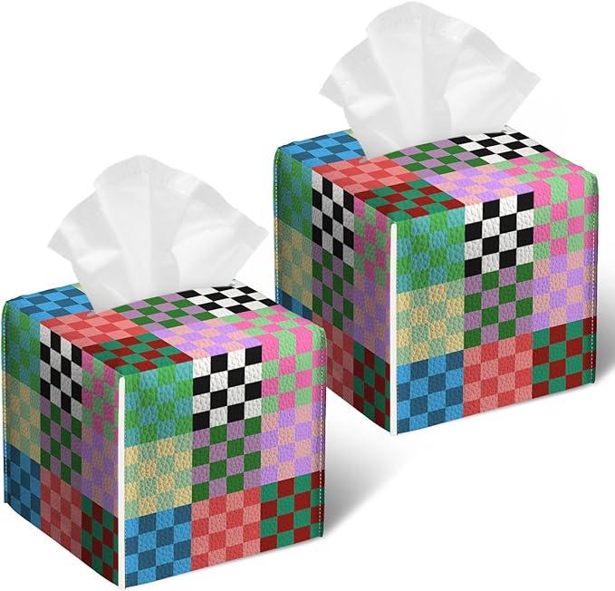 Colorful Checkered Tissue Box Cover 2PCS, Leather Tissue Box Holder Square Facial Paper Case Tissue Box Cube Organizer for Bathroom Bedroom Desk Office - ModernBath