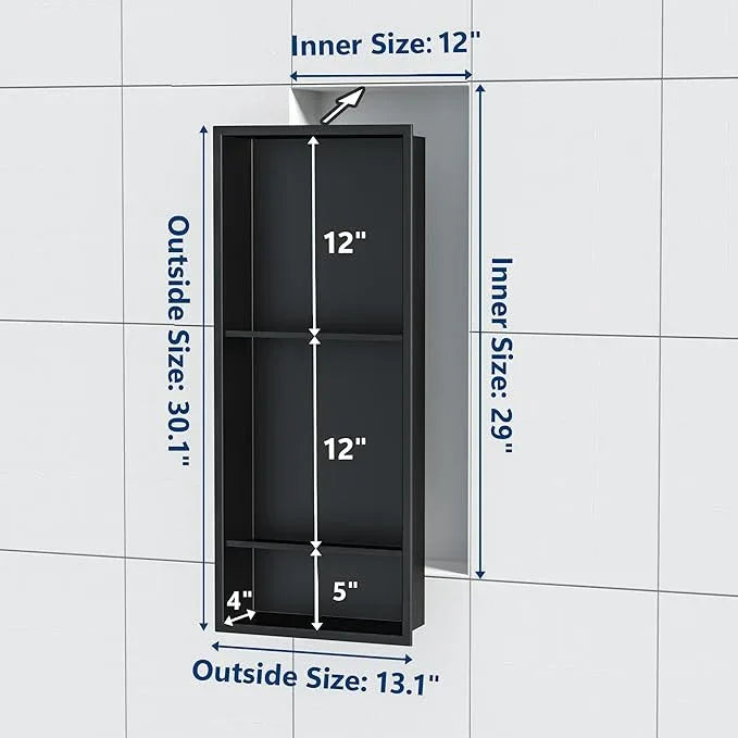 Qeke Stainless Steel Shower Niche 12" X 29", No Tile Needed Wall Niche Three-Tier, Recessed Shower Shelf for Bathroom Storage, Matte Black - ModernBath