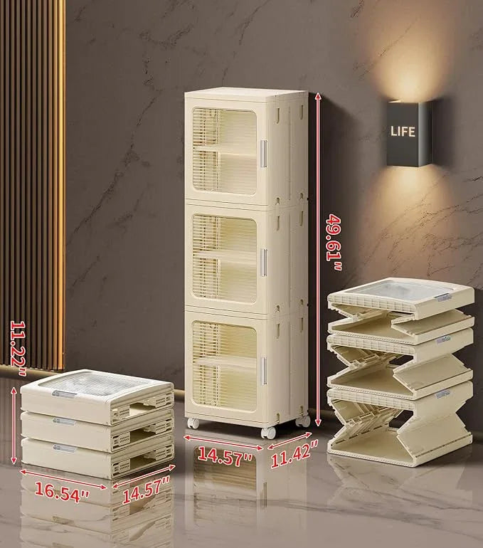 3-Tier Slim Narrow Bathroom Storage Cabinet with Movable Wheels and Adjustable Shelves Plastic Cabinets with Doors Freestanding Organizers for Kitchen Laundry Room Bedroom Pantry,Beige - ModernBath