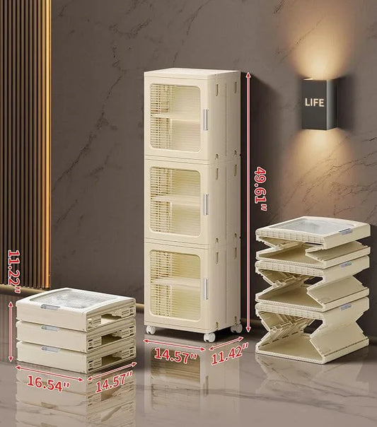 3-Tier Slim Narrow Bathroom Storage Cabinet with Movable Wheels and Adjustable Shelves Plastic Cabinets with Doors Freestanding Organizers for Kitchen Laundry Room Bedroom Pantry,Beige - ModernBath