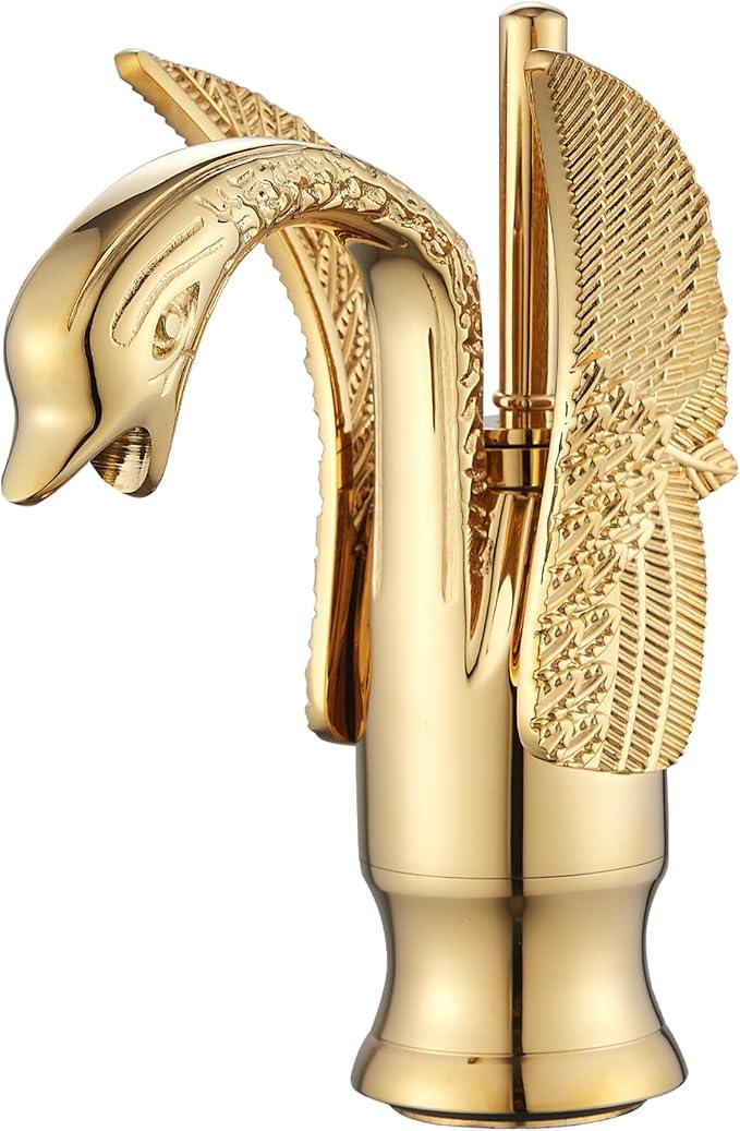 Gold Bathroom Faucet GGStudy Swan Shape Single Handle One Hole Bathroom Vanity Faucet Basin Tap Deck Mount Lavatory - ModernBath
