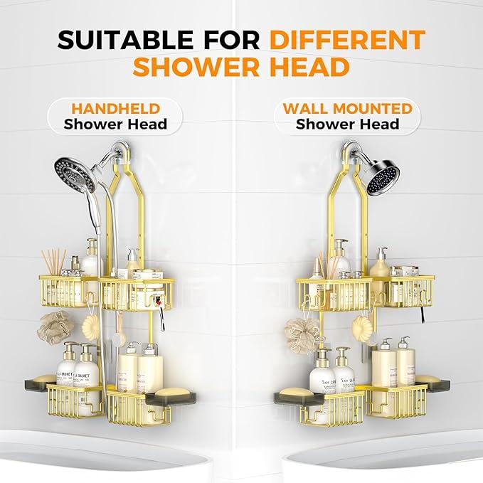 REINHARDT Aluminum Shower Caddy Hanging Adjustable Shower Caddy, Rustproof Hanging Shower Organizer with Hooks Soap Holders, Over Shower Head Caddy for Handheld Showerhead, Gold - ModernBath