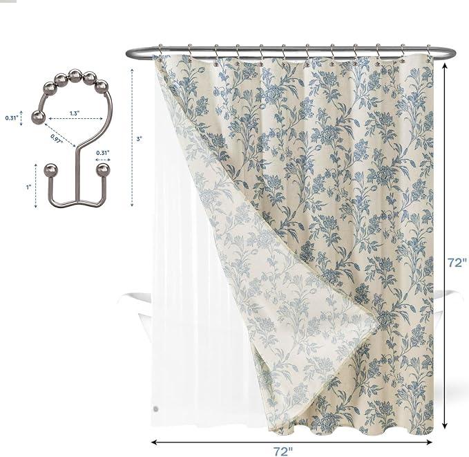 3 in 1 Shower Curtain with Liner and Hooks Blue Floral Cotton Linen Shower Curtain for Bathroom 72" W x 72" L Double Layer Shower Curtain - ModernBath