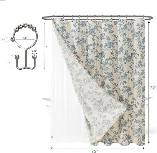 3 in 1 Shower Curtain with Liner and Hooks Blue Floral Cotton Linen Shower Curtain for Bathroom 72" W x 72" L Double Layer Shower Curtain - ModernBath