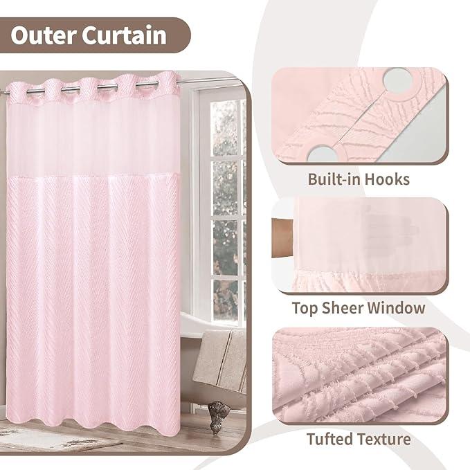eachope no Hook Shower Curtain and Liner Set，Boho Style with See Through Top Window, Pink Fabric Tufted Striped Textured Outer Curtain & Waterproof Inner Liner, Pink, 71Wx77H - ModernBath