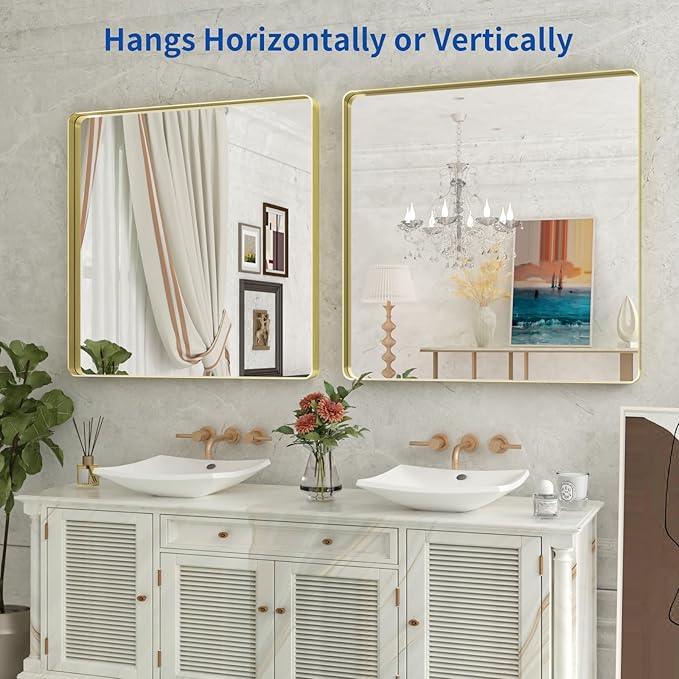 WEER Gold Bathroom Mirror, 36X36 Inch Brushed Metal Frame, Rounded Rectangle Vanity for Wall, Tempered Glass, Anti-Rust, Hangs Horizontally or Vertically - ModernBath