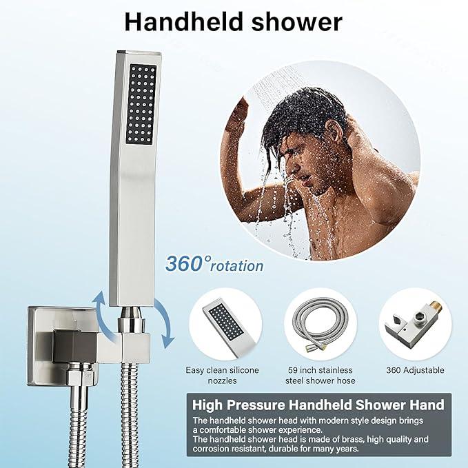 Shower Faucet Set Brushed Nickel Rain Shower System with High Pressure 12 Inches Rain Shower Head and Handheld Spray Bathroom Luxury Rain Mixer Shower Complete Combo Set Ceiling Mounted - ModernBath