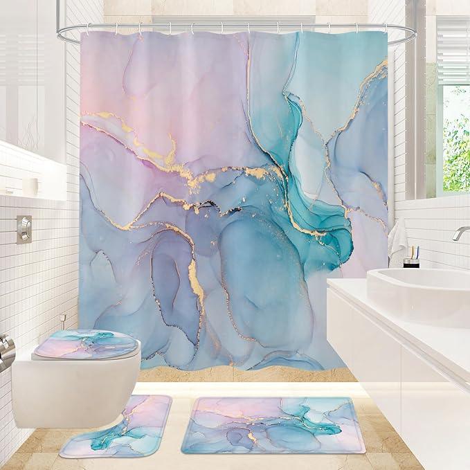 Gibelle 4 Pcs Bathroom Shower Curtain Set with Non-Slip Rugs, Toilet Lid Cover and Bath Mat, Blue Pink Marble Bathroom Decor Set with Shower Curtain and Rugs and Accessories - ModernBath