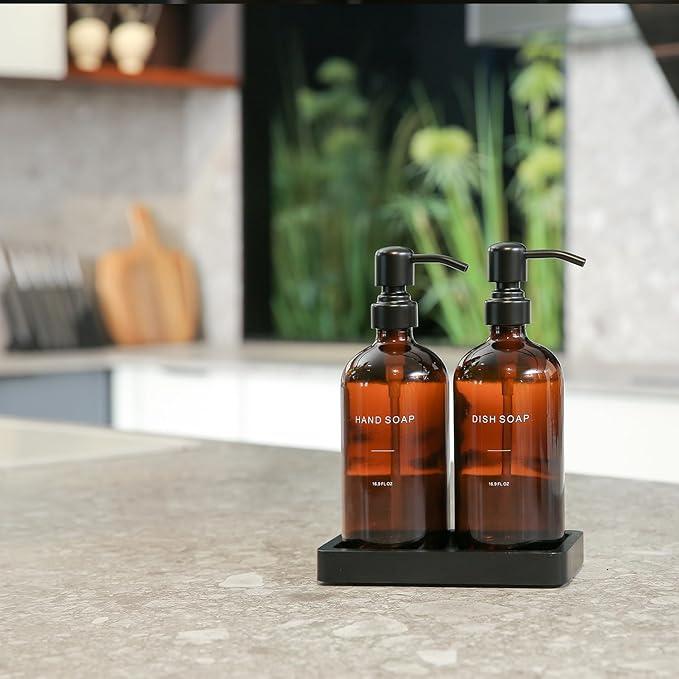 Prus Waso Amber Soap Dispenser Set, Soap Dispenser for Kitchen Sink with Black Stainless Steel Pump, Perfect for Kitchen Accessories Decor. (Amber) - ModernBath
