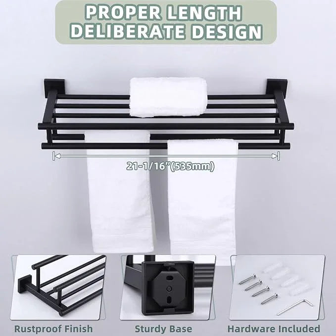 Bathroom Towel Shelf with Bar, Angle Simple Stainless Steel Bath Towel Rack, Double Towel Holder with Shelf, Wall Mount Train Rack Matte Black 23.62 Inches - ModernBath