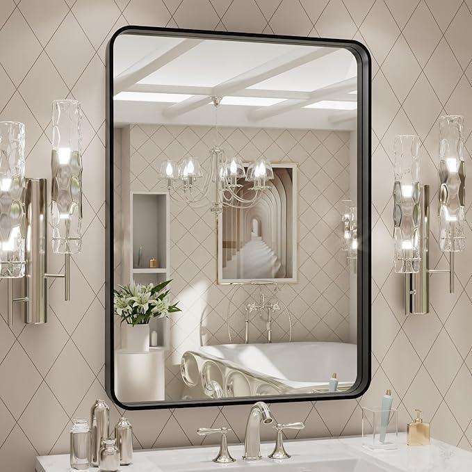 LOAAO 24X32 Inch Black Metal Framed Bathroom Mirror for Wall, Matte Black Bathroom Vanity Mirror Farmhouse, Large Rounded Rectangle Mirror, Anti-Rust, Hangs Horizontally or Vertically - ModernBath