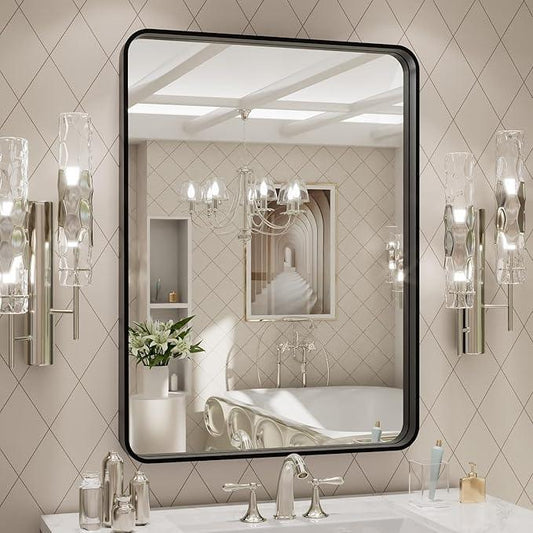 LOAAO 24X32 Inch Black Metal Framed Bathroom Mirror for Wall, Matte Black Bathroom Vanity Mirror Farmhouse, Large Rounded Rectangle Mirror, Anti-Rust, Hangs Horizontally or Vertically - ModernBath