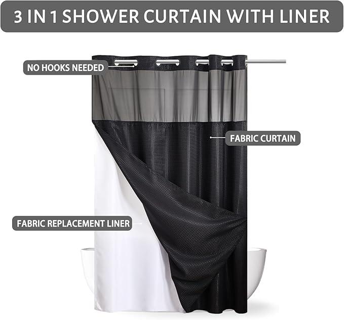 Furlinic No Hook Waffle Weave Shower Curtain with Snap in Liner Set,Heavy Duty Fabric Textured Bathroom Curtain with Sheer Window,Waterproof & Machine Washable,Black,Stall Size 48x72 Inch - ModernBath
