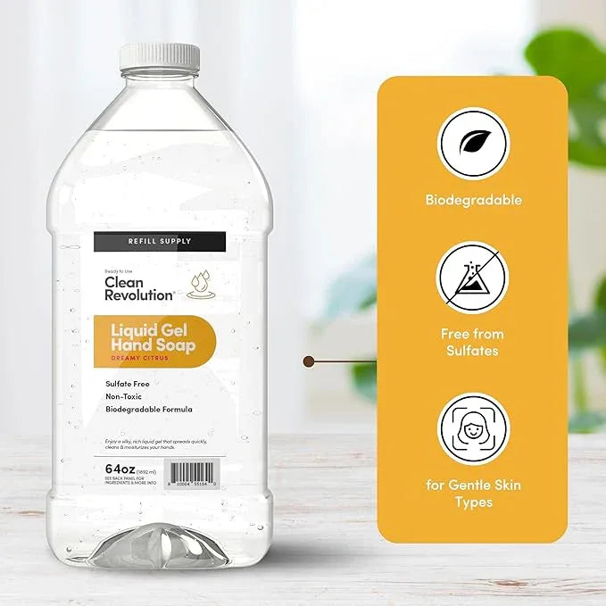 Clean Revolution Liquid Gel Hand Soap, Silky Rich Liquid, Quick Lather, Fast Rinsing, Contains Real Essential Oils (Dreamy Citrus) 64 Fl Oz - ModernBath