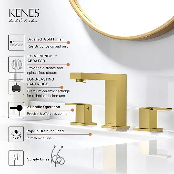KENES Brushed Gold Widespread Bathroom Faucet 3 Hole Bathroom Sink Faucet Gold Two Handle, 8-Inch 3 Pieces Bathroom Vanity Faucet with Pop Up Drain & Supply Lines, KE-9050-4-P - ModernBath