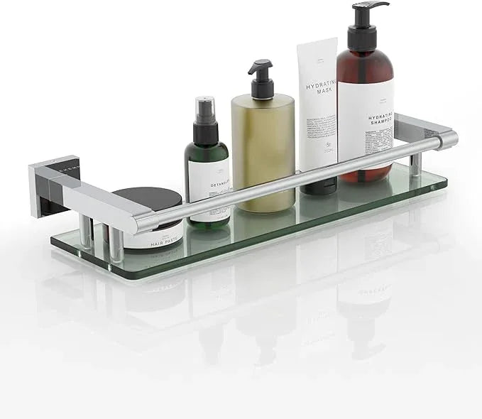 Glass Shelves for Wall, Chrome Stainless Steel & Tempered Glass Glass Shelf for Bathroom, Shelf Sink Over Toilet Bathroom Organizer (16-inch, Polished) - ModernBath