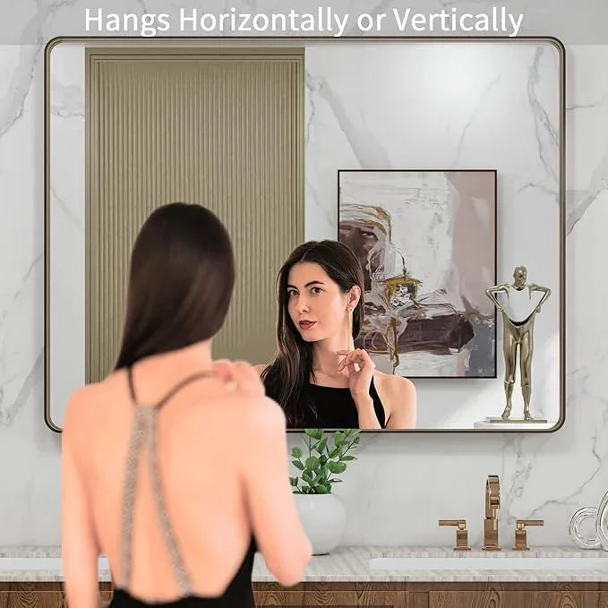 LOAAO 40”X30” Bronze Bathroom Mirrors for Vanity, Rounded Rectangle Brushed Bronze Metal Frame Mirror, Anti-Rust, Tempered Glass, Hangs Horizontally or Vertically - ModernBath