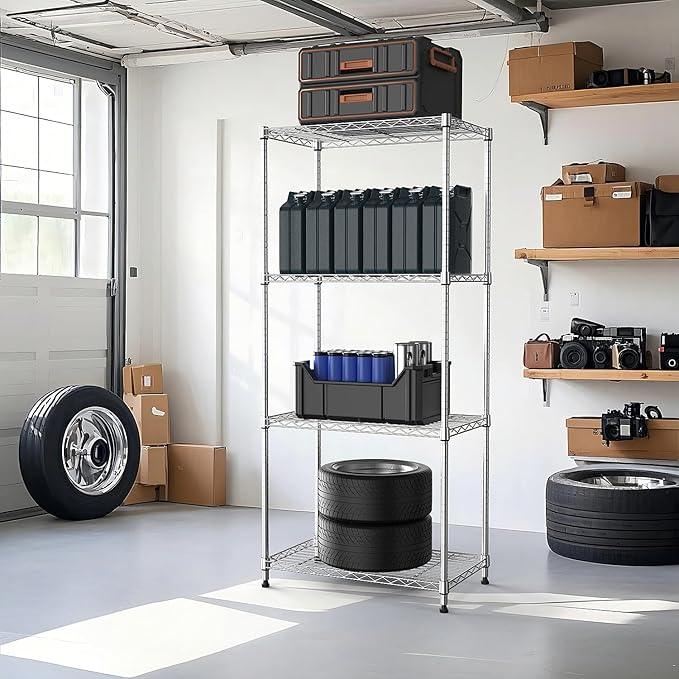 1000 lbs 4Tier Shelf Metal Storage Shelves Wire Rack Closet Organizers with Wheel for Garage Kitchen Bathroom Laundry Chrome 13.7" D x 23.6" W x 53.4" H - ModernBath
