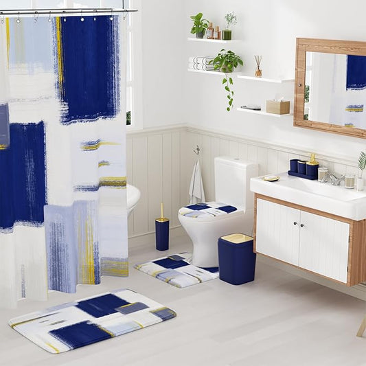 XLHOMO Bathroom Accessories Set - 25PC Bathroom Set with Shower Curtain and Rugs, Blue Bathroom Set, Bathroom Accessory Set with Press-on Lid Trash Can, Soap Dispenser and Qtip Holders