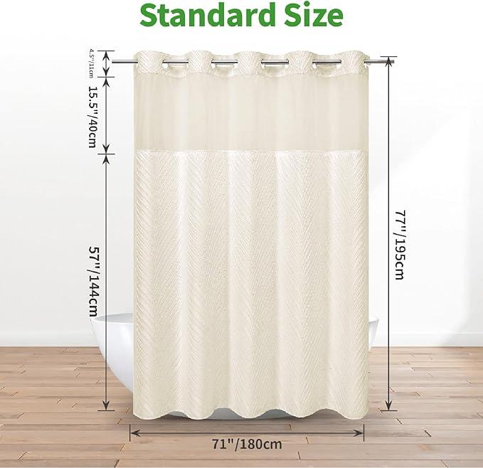 eachope no Hook Shower Curtain and Liner Set，Boho Style with See Through Top Window, Cream Fabric Tufted Striped Textured Outer Curtain & Waterproof Inner Liner, Beige/Cream, 71Wx77H - ModernBath
