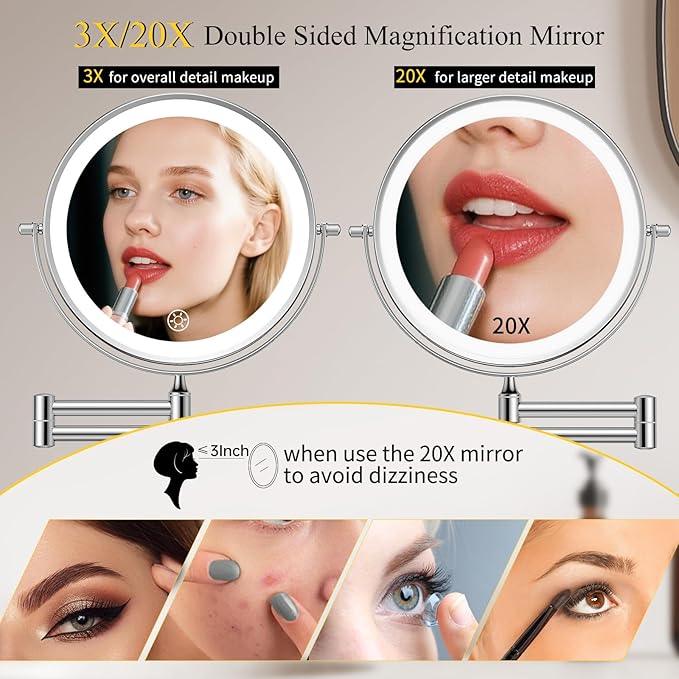 FUNTOUCH Rechargeable Wall Mounted Makeup Mirror with Lights,5000mAh Double Sided 3X/20X Magnifying,3 Color Lights,Touch Dimmable, Extended Arm 360 Rotation Lighted Bathroom Mirror with Magnification - ModernBath
