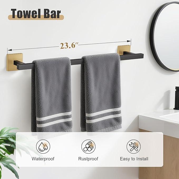 YACVCL 5-Pieces Black and Gold Bathroom Hardware Accessories Set Stainless Steel Bathroom Towel Bar Set Towel Holder Set for Bathroom,Upgraded Toilet Paper Holder with Shelf,Wall Mounted 23.6" - ModernBath