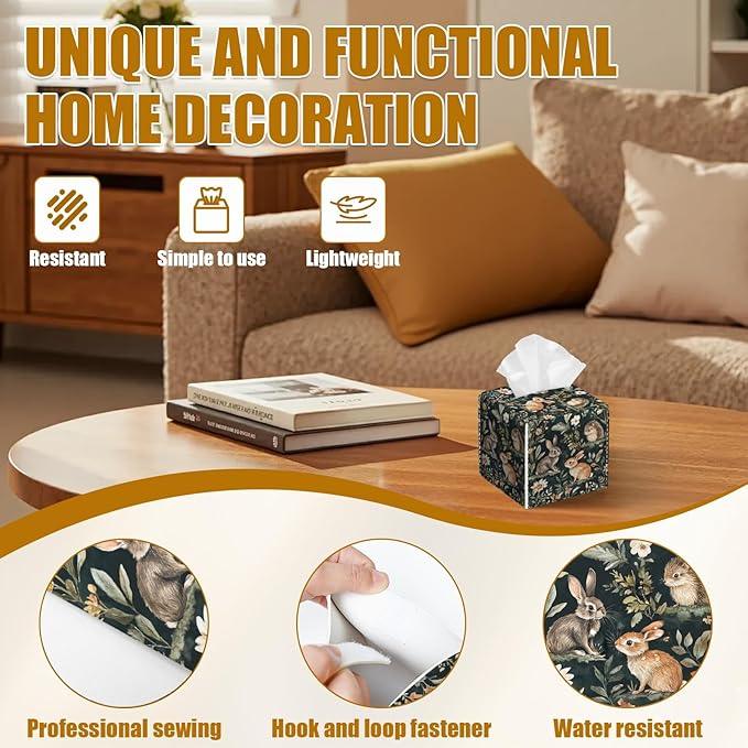 Woodland Animal Tissue Box Cover 2PCS, Rabbit Hedgehog Leather Tissue Box Holder Square Facial Paper Case Tissue Box Cube Organizer for Bathroom Bedroom Desk Office - ModernBath