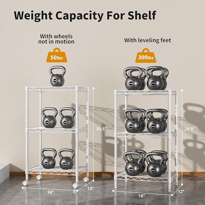 Small 3 Tier Shelves Storage Wire Shelving Unit Metal Shelf Adjustable Organizers Storage Shelving with Wheels for Bathroom Laundry Room Kitchen Pantry12”D x 18”W x 30.7”H White - ModernBath