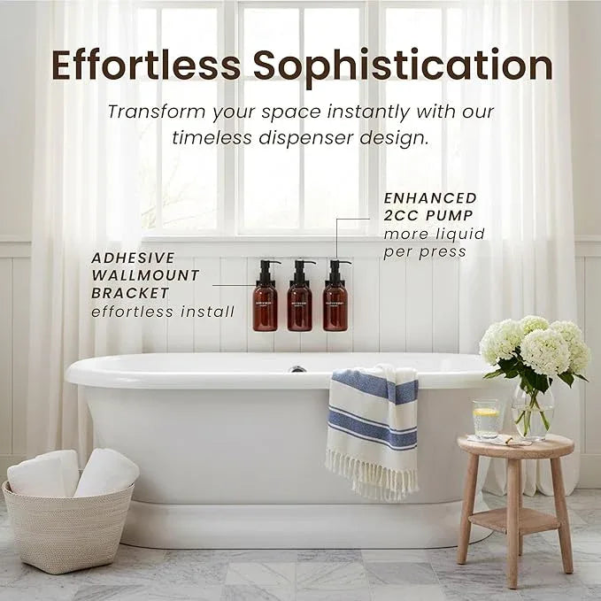 MaisoNovo Shampoo and Conditioner Dispenser - Shower Soap Dispenser Wall Mounted - 16.9 fl oz Set of 3 Amber Plastic Bottles Black Pump - 3 Chamber No Drill - ModernBath