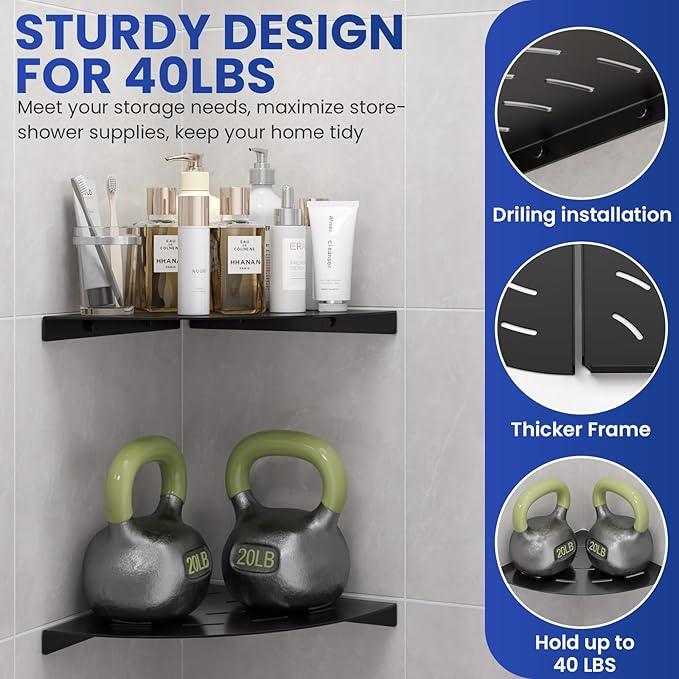 2 Pack Corner Shower Shelves Load Capacity 40 lbs 304 Stainless Steel Shower Corner Shelf Will not Rust 8in Shower Shelf for Inside Shower Matte Black Drilling Installation - ModernBath