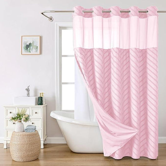 eachope No Hook Boho Farmhouse Shower Curtain with Snap-in Fabric Liner set-71Wx74H(72H),Pink Tufted Chevron Striped Hotel Grade Cloth Shower Curtains for Bathroom with Window,Water Repellent - ModernBath