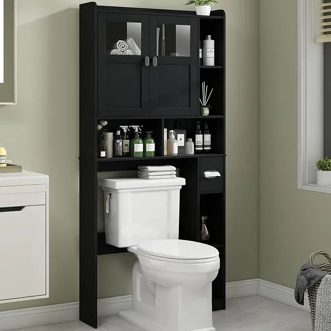 Vabches Over The Toilet Storage Cabinet, Bathroom Shelf Over Toilet with Glass Doors and Adjustable Shelves, Black Freestanding Home Space Save Toilet Rack, for Restroom, Bathroom, Laundry - ModernBath