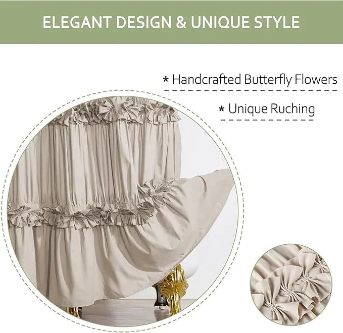 Homechoice Decor Camel Ruffle Shower Curtain, Vintage Handcrafted Bow Tie Bath Curtain for Master Bathroom, Ruched Microfiber Bathroom Curtain with 12 Buttonholes, 72" W x 84" H (LQ-10) - ModernBath