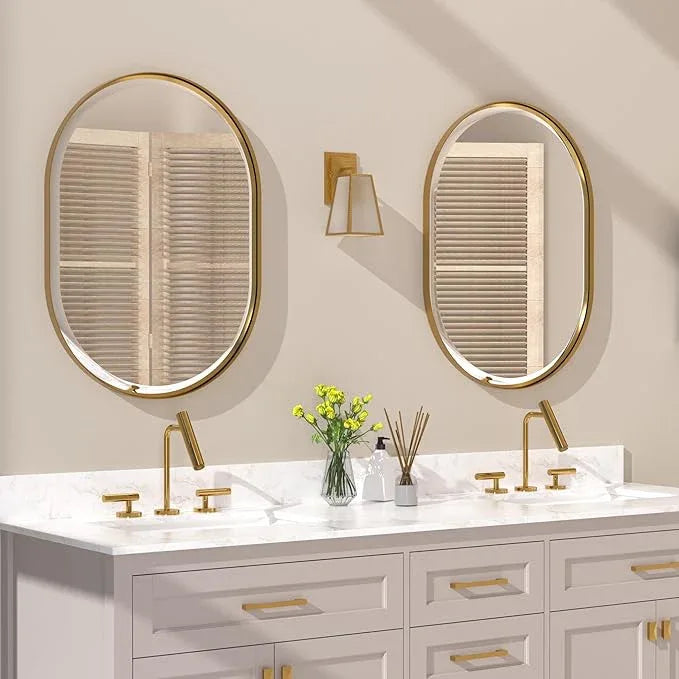 POZINO Oval Mirror Over Sink, Brushed Gold Beveled Bathroom Mirror, 22"x30" Vanity Wall Mirrors with Stainless Steel Frame, Brass Modern Rounded Mirrors for Bedroom Living Room Entryway - ModernBath