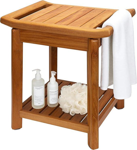 17" Teak Shower Chair with Storage Shelf & Handle, Non-Slip Waterproof Wooden Shower Bench, Stable Bathroom Seat and Heavy Duty Shower Stool for Tub or Indoor Use, Ideal for Elderly, Recovery - ModernBath