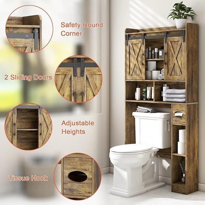 Vabches Over The Toilet Storage Cabinet, Farmhouse Storage Cabinet Over Toilet with Sliding Doors & Toilet Paper Holder Stand，Home Space-Saving Toilet Rack, for Bathroom, Restroom, Laundry - ModernBath