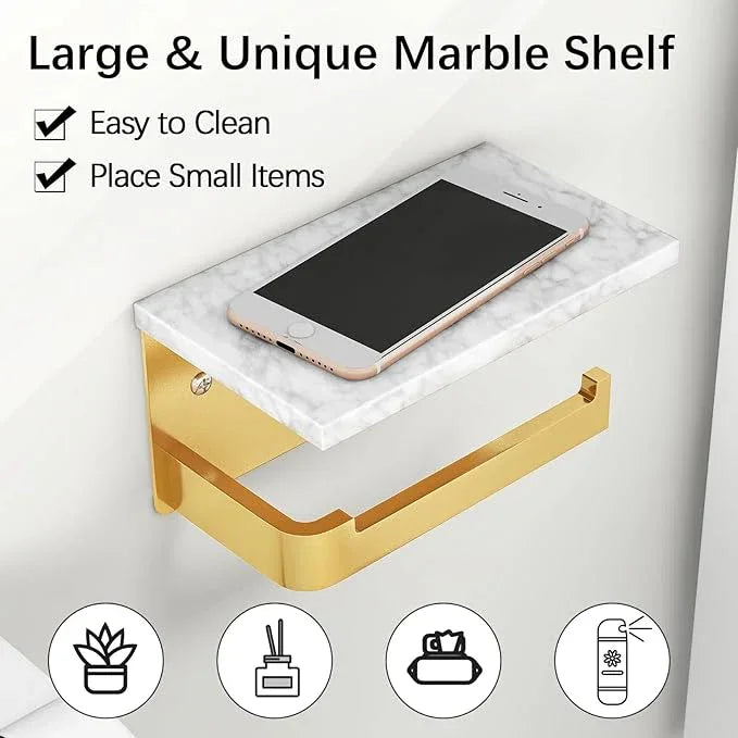 Toilet Paper Holder with Shelf, Extended Base Wall Mounted, Marble Toilet Roll Holder Black for Bathroom Washroom Gold - ModernBath