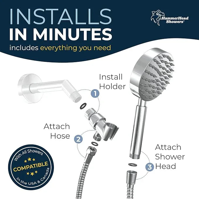 HammerHead Showers® Solid Metal Handheld Shower Head with Hose and Brass Holder - CHROME - 2.5 GPM High Pressure Shower Heads with Adjustable Shower Wand Bracket - 6ft Flexible Extension - ModernBath