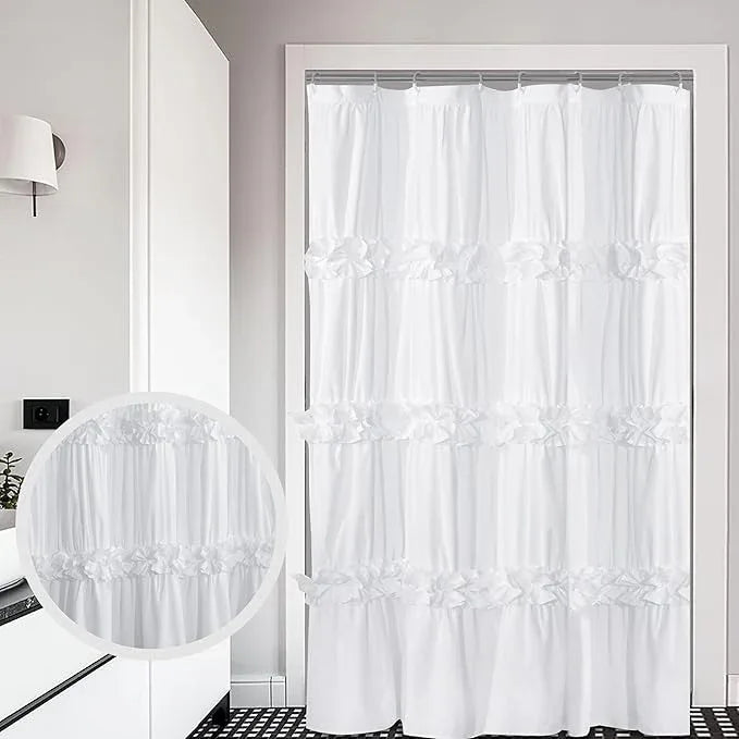 Homechoice Decor Ruffle Stall Shower Curtain, Vintage Handcrafted Bow Tie Bath Curtain for Master Bathroom, Ruched Microfiber Bathroom Curtain with 8 Buttonholes, 48" W x 72" H, White (LQ-10) - ModernBath