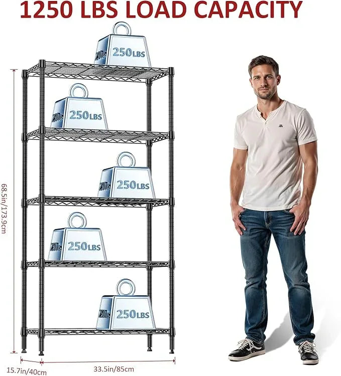 IZEUK 5 Tier Black Metal Storage Shelves, Heavy Duty Adjustable Wire Shelving Rack for Garage, Kitchen, Bathroom, Closet Organizer, 1250 lbs Capacity, 15.7" D x 33.5" W x 68.5" H - ModernBath