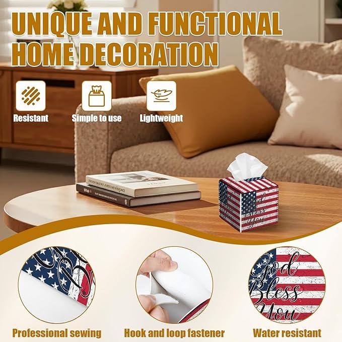 American Flag Tissue Box Cover 2PCS, God Bless You Leather Tissue Box Holder Square Facial Paper Case Tissue Box Cube Organizer for Bathroom Bedroom Desk Office - ModernBath