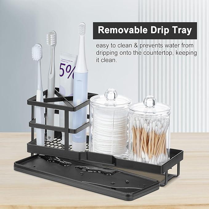 MYITYARD Toothbrush Holders for Bathrooms, Cotton Swabs & Cups Dispenser Set - Metal Electric Tooth Brushing & Toothpaste Countertop Organizer with Drainage for Shower, Sink - Black - ModernBath