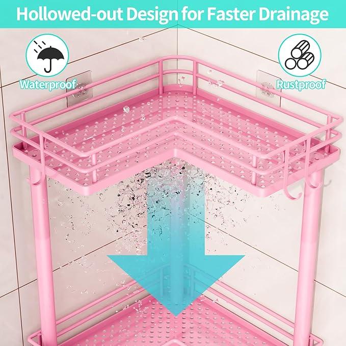 HapiRm Corner Shower Caddy Standing - 3 Tier Shower Organizer Corner with Soap Holder, Rustproof Bathroom Standing Organizer with 4 Hooks, Pink - ModernBath