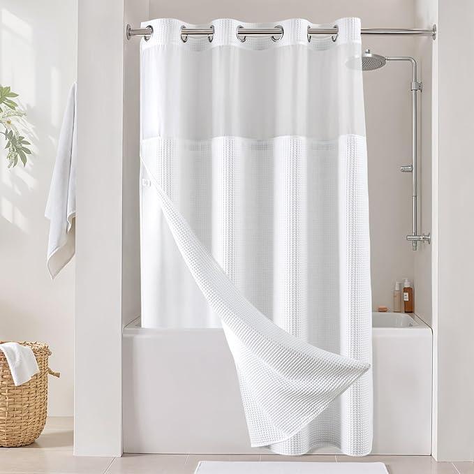 River Dream White Fabric Shower Curtain Set, Cotton Blend, Waffle Weave, with Snap in Replacement Liner，54 x 80 inches - ModernBath