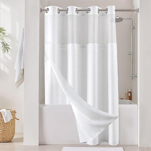 River Dream White Fabric Shower Curtain Set, Cotton Blend, Waffle Weave, with Snap in Replacement Liner，54 x 80 inches - ModernBath