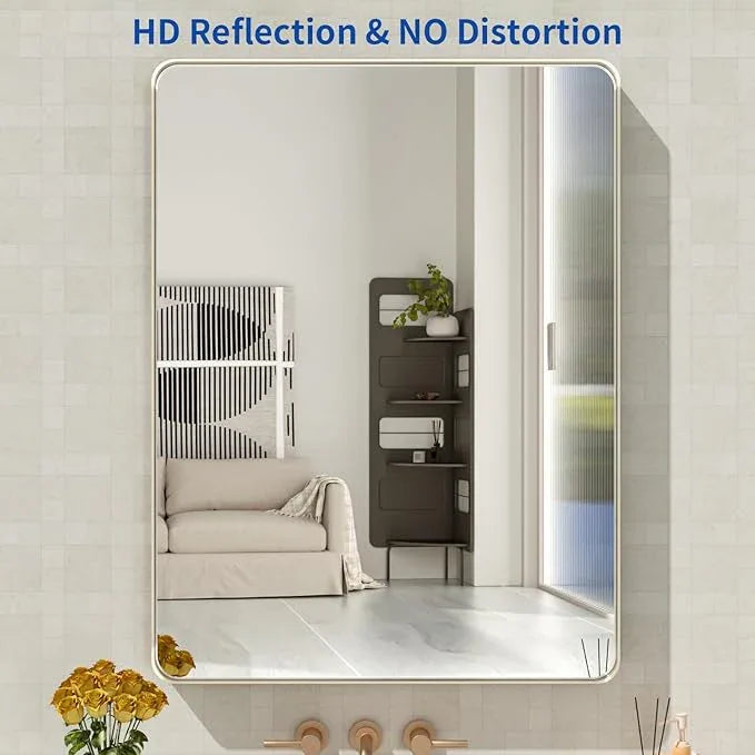 WEER 28X36 Inch Brushed Nickel Bathroom Mirror, Brushed Silver Metal Frame Mirror, Rounded Rectangle Silver Bathroom Vanity Mirror, Tempered Glass, Anti-Rust, Hangs Horizontally or Vertically - ModernBath