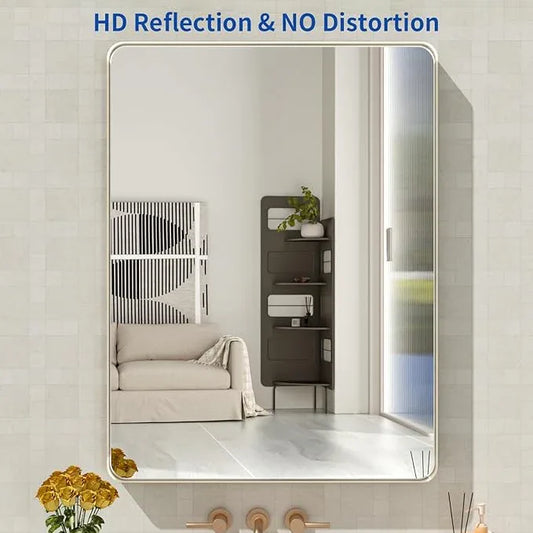 WEER 28X36 Inch Brushed Nickel Bathroom Mirror, Brushed Silver Metal Frame Mirror, Rounded Rectangle Silver Bathroom Vanity Mirror, Tempered Glass, Anti-Rust, Hangs Horizontally or Vertically - ModernBath